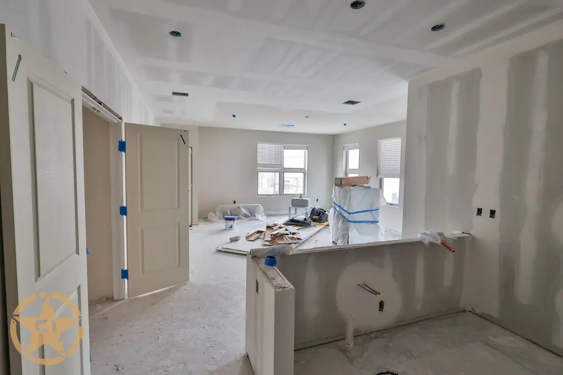 Apartment interior at the drywall stage during the 510 Flats renovation
