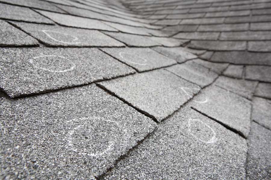 Hail impact marks circled in chalk on an asphalt shingle roof