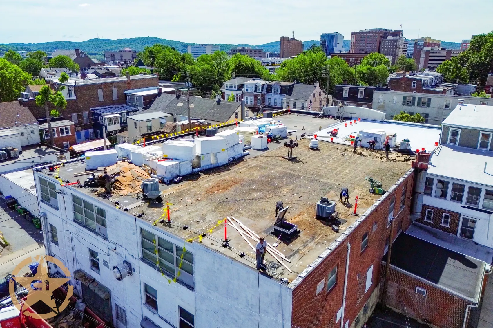 Commercial low slope membrane roof under replacement on a building in eastern Pennsylvania