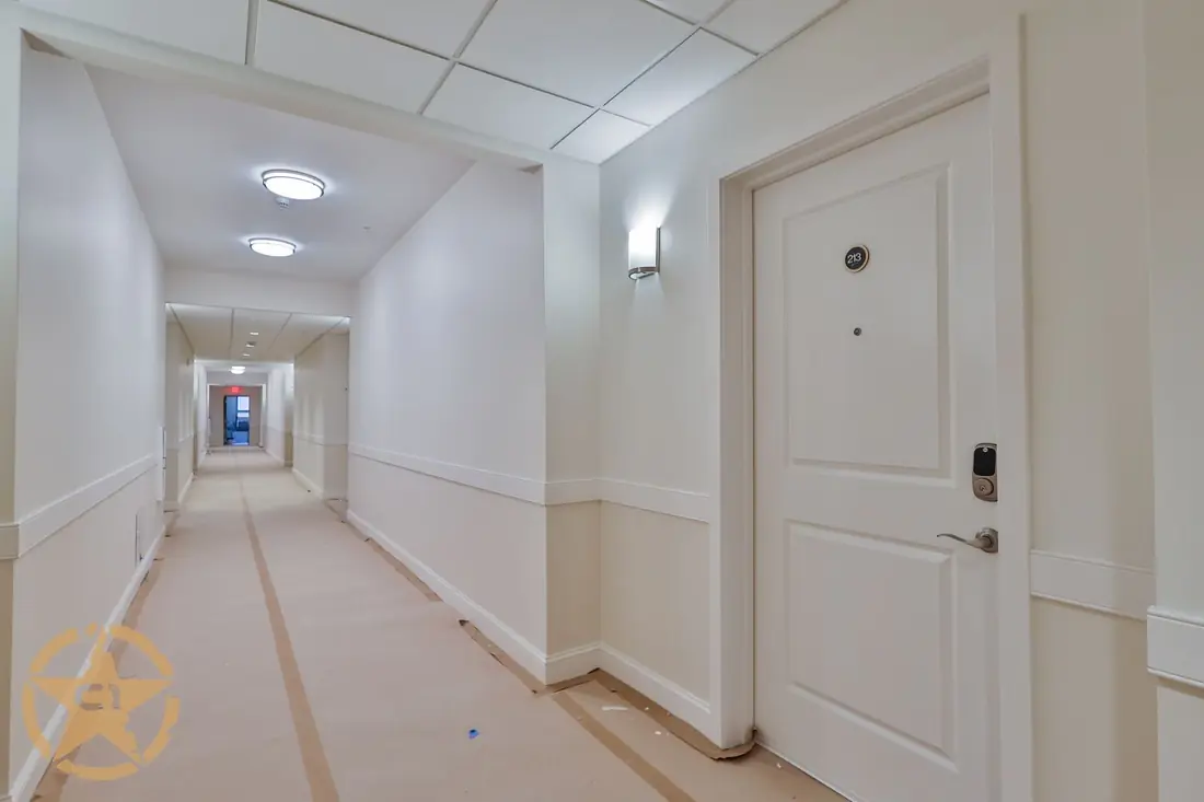 Finished corridor and unit entries at the 510 Flats renovation
