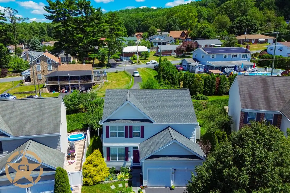 Aerial view of a finished roof in Allentown, Pennsylvania
