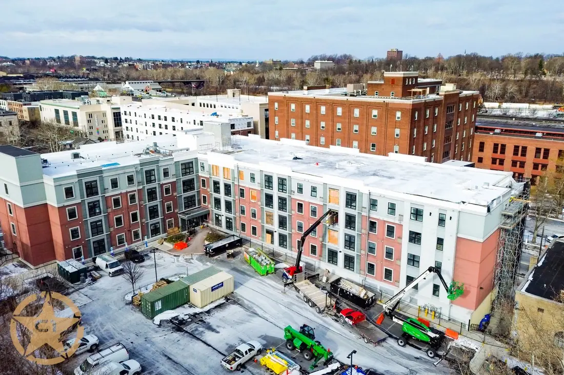 Aerial view of multi-unit renovation work in progress at 510 Flats