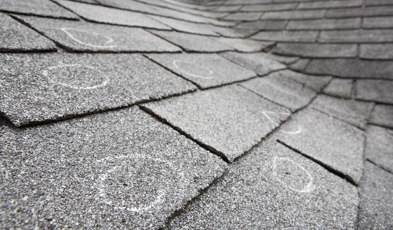 Hail impact marks circled in chalk on an asphalt shingle roof during a storm damage inspection